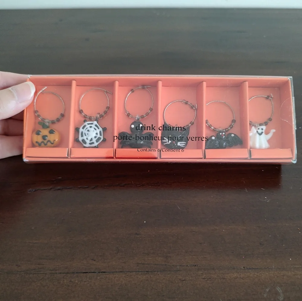 VTG Pier 1 Halloween Glass Drink Charms Pumpkin Spider Web Ghost Black Cat Bat